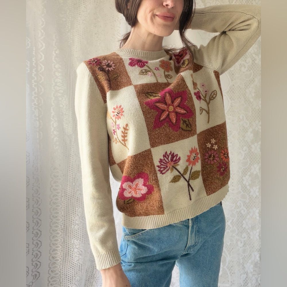 Vintage 90s Floral Patchwork Sweater Alfred Dunner Silk Blend - Picture 11 of 13